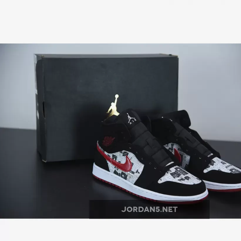 Air Jordan 1 Mid 'Newspaper Air Times' Black/Gym Red-White #jordan news paper