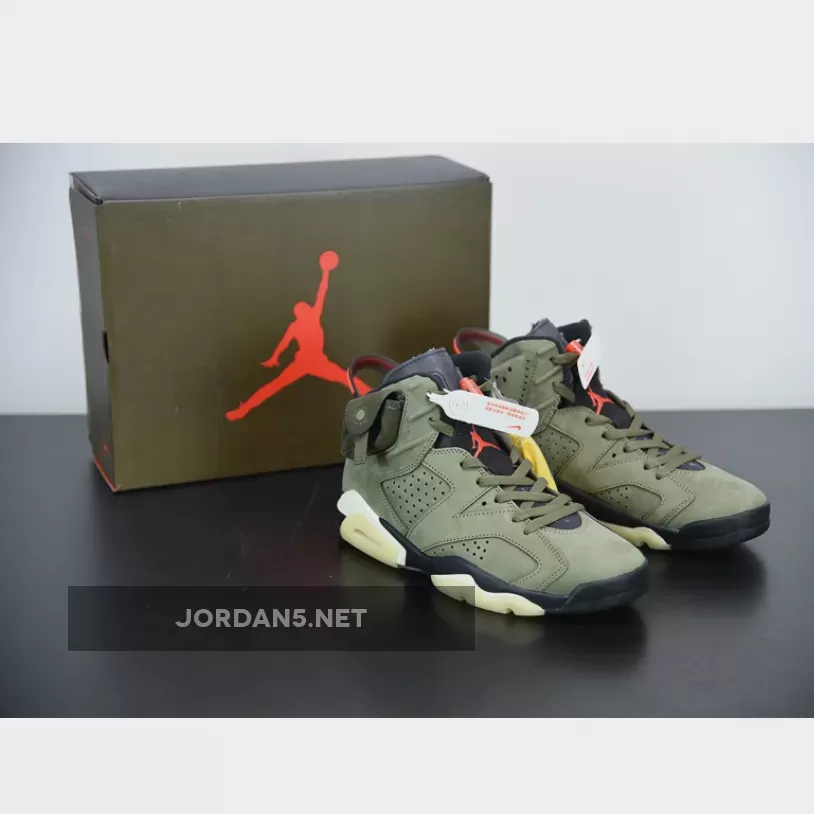 Travis Scott x Air Jordan 6 Medium Olive/Black-Sail-University Red #jordan 6 olive travis scott