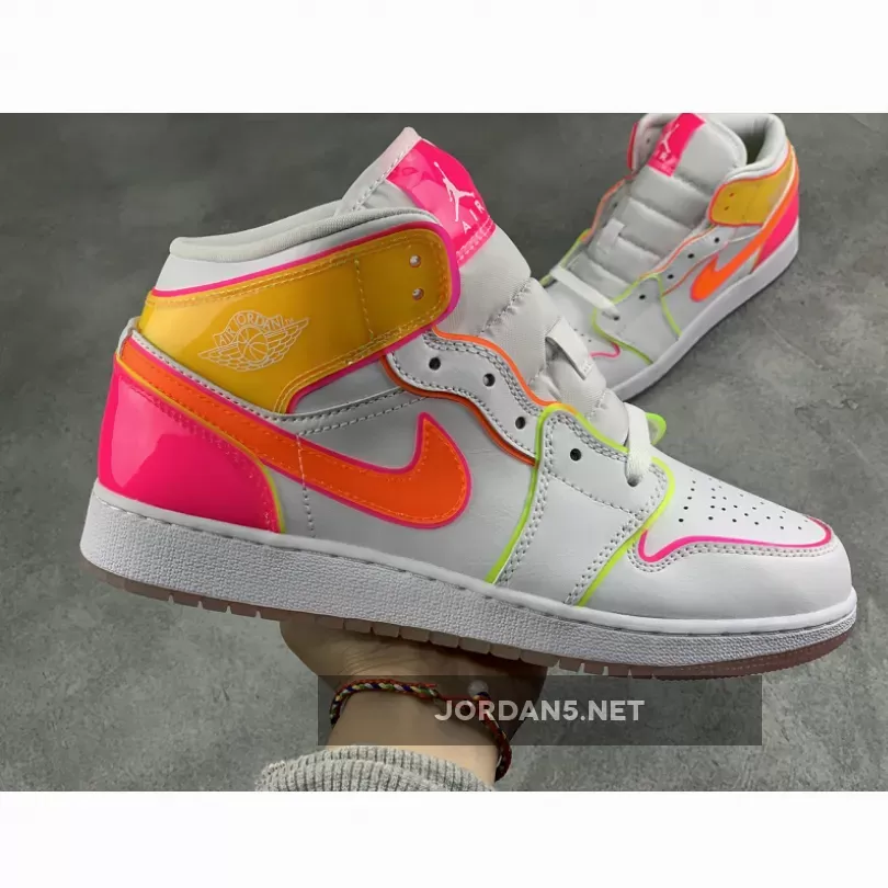Air Jordan 1 Mid Gs Edge Glow WHITE/HYPE CRIMSON-PINK BLAST AJ1 #nike jordan edge glow