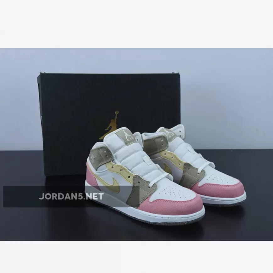 Air Jordan 1 Mid Recycled Canvas Pink Tan Yellow DJ0338-100 air jordan 1 mid se pastal grind