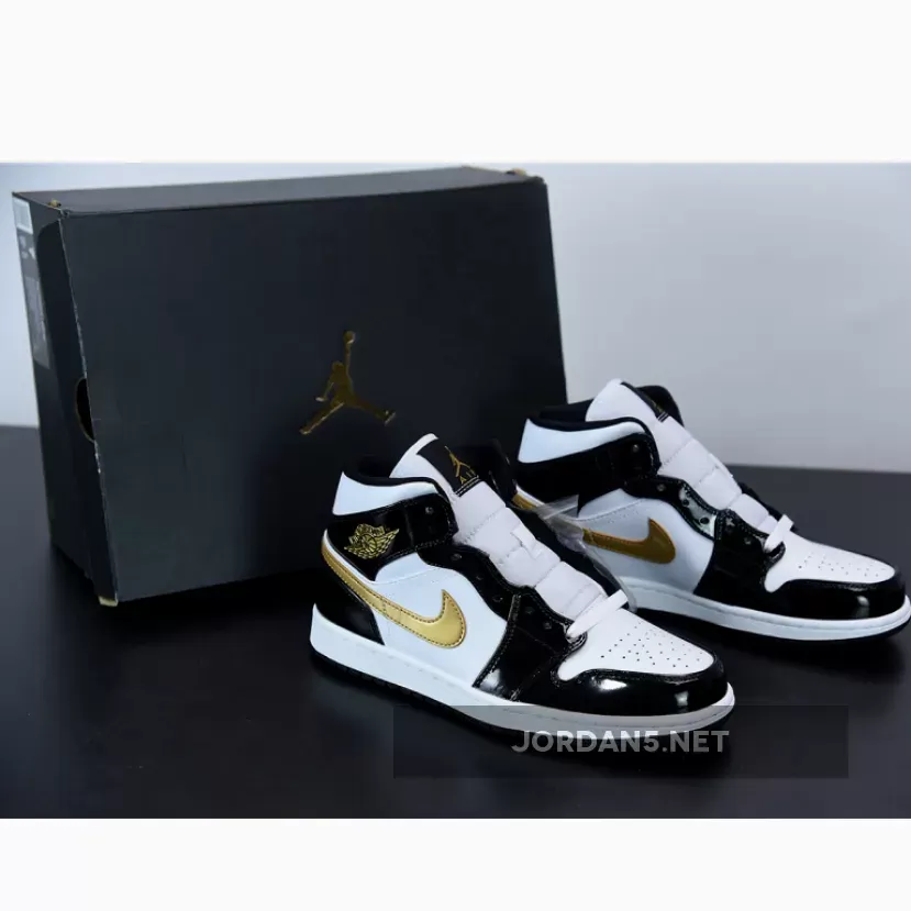 Air Jordan 1 Mid Black Gold Patent Leather 852542-007 pat and leather jordan ones